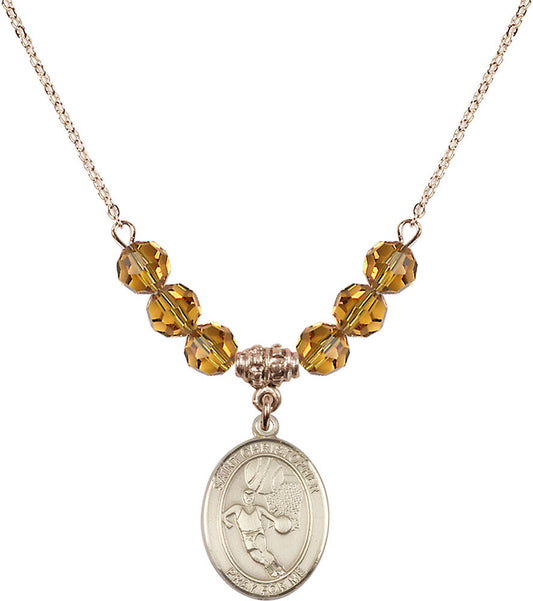 14kt Gold Filled Saint Sebastian/Basketball Birthstone Necklace with Topaz Beads - 8602