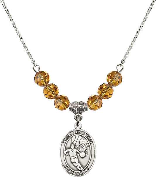 Sterling Silver Saint Sebastian/Basketball Birthstone Necklace with Topaz Beads - 8602