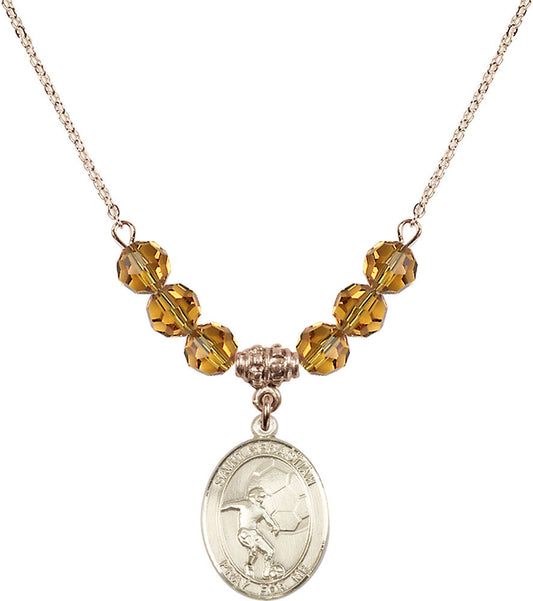 14kt Gold Filled Saint Sebastian / Soccer Birthstone Necklace with Topaz Beads - 8603