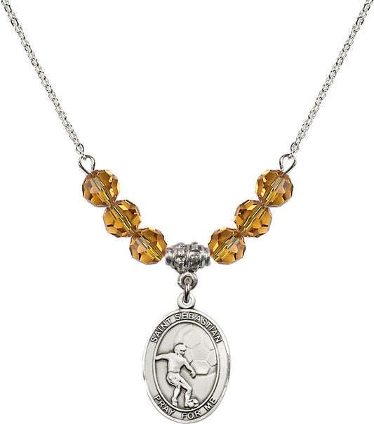 Sterling Silver Saint Sebastian / Soccer Birthstone Necklace with Topaz Beads - 8603