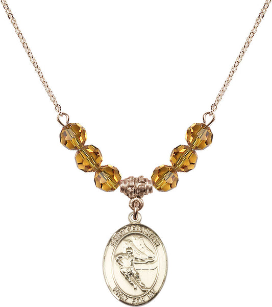 14kt Gold Filled Saint Sebastian / Hockey Birthstone Necklace with Topaz Beads - 8604