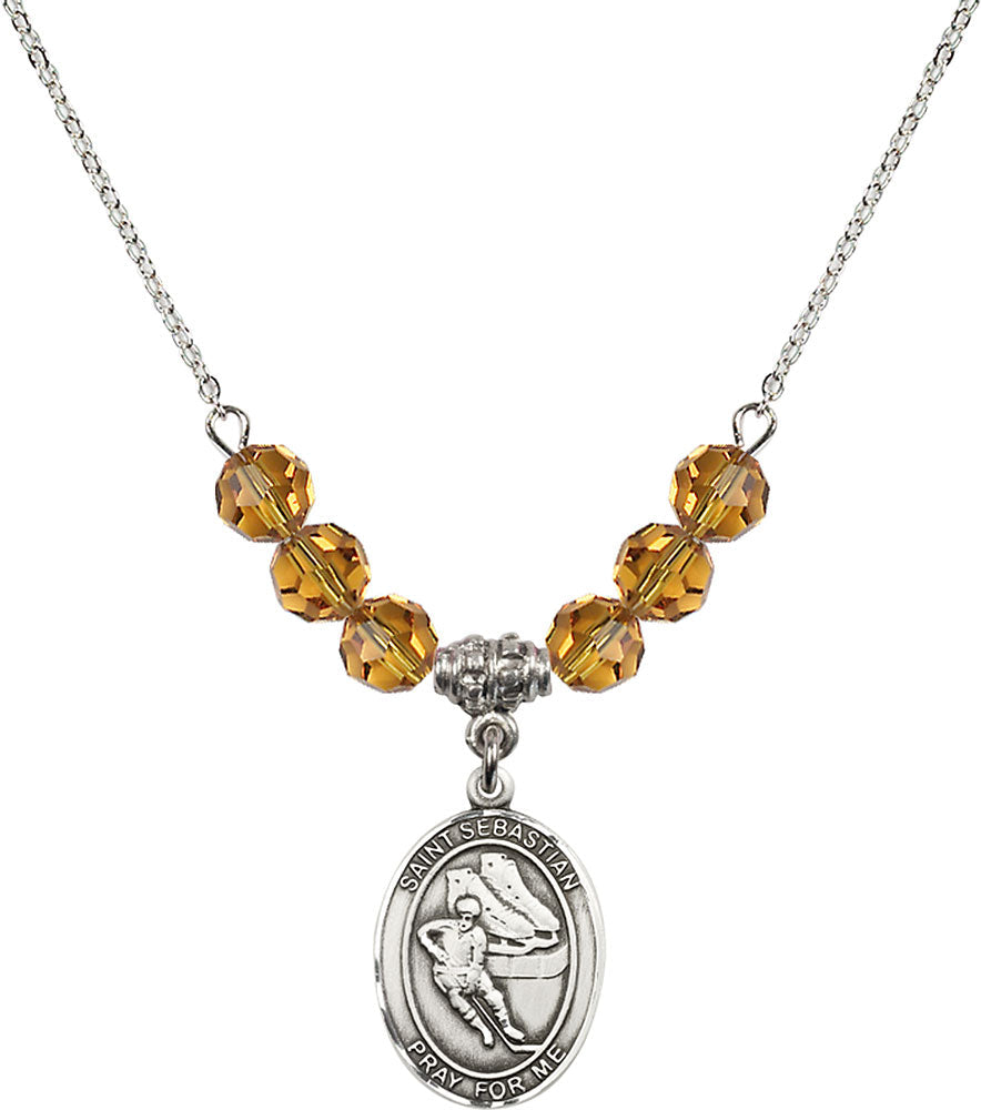 Sterling Silver Saint Sebastian / Hockey Birthstone Necklace with Topaz Beads - 8604
