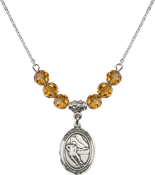 Sterling Silver Saint Sebastian / Hockey Birthstone Necklace with Topaz Beads - 8604
