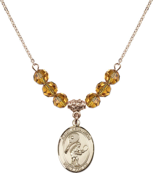 14kt Gold Filled Saint Sebastian / Tennis Birthstone Necklace with Topaz Beads - 8605