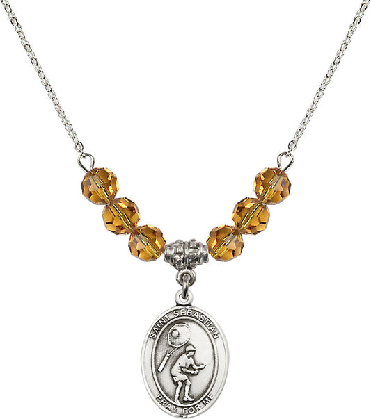 Sterling Silver Saint Sebastian / Tennis Birthstone Necklace with Topaz Beads - 8605