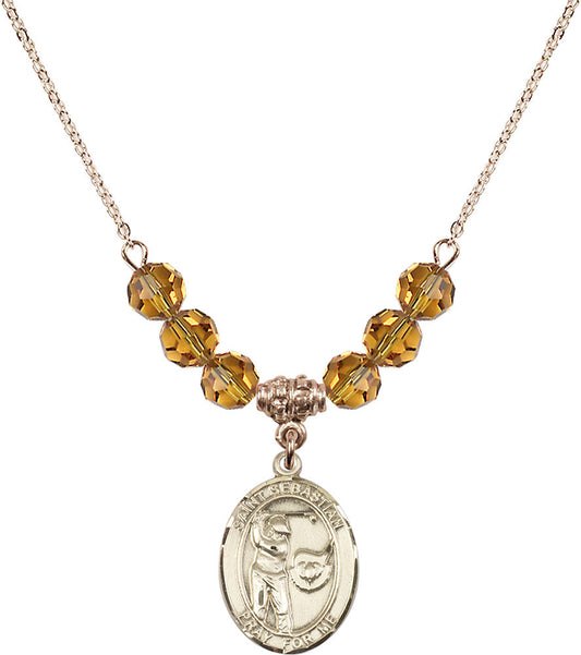 14kt Gold Filled Saint Sebastian / Golf Birthstone Necklace with Topaz Beads - 8606