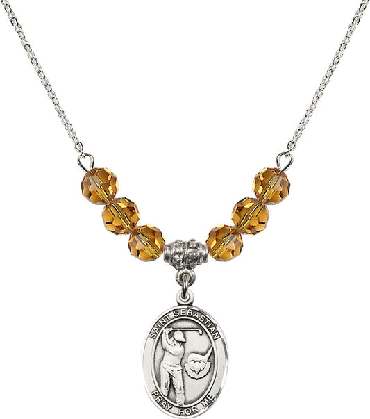 Sterling Silver Saint Sebastian / Golf Birthstone Necklace with Topaz Beads - 8606