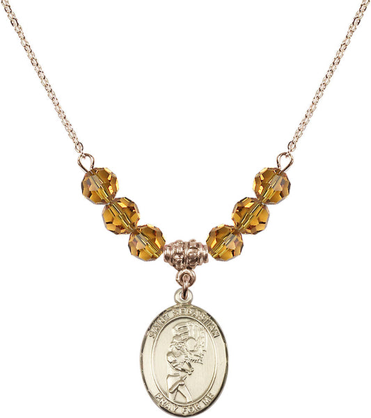 14kt Gold Filled Saint Sebastian/Softball Birthstone Necklace with Topaz Beads - 8607