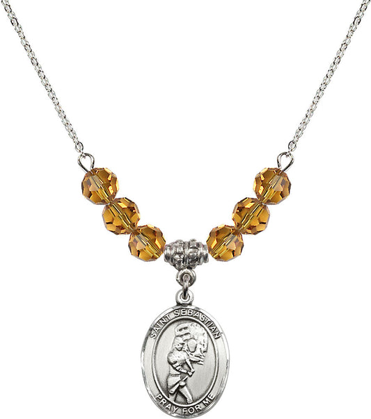Sterling Silver Saint Sebastian/Softball Birthstone Necklace with Topaz Beads - 8607
