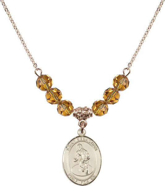 14kt Gold Filled Saint Sebastian/Wrestling Birthstone Necklace with Topaz Beads - 8608