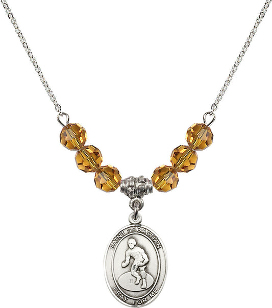 Sterling Silver Saint Sebastian/Wrestling Birthstone Necklace with Topaz Beads - 8608