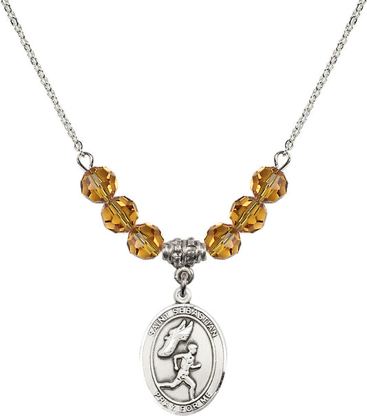 Sterling Silver Saint Sebastian /Track&Field-Men Birthstone Necklace with Topaz Beads - 8609