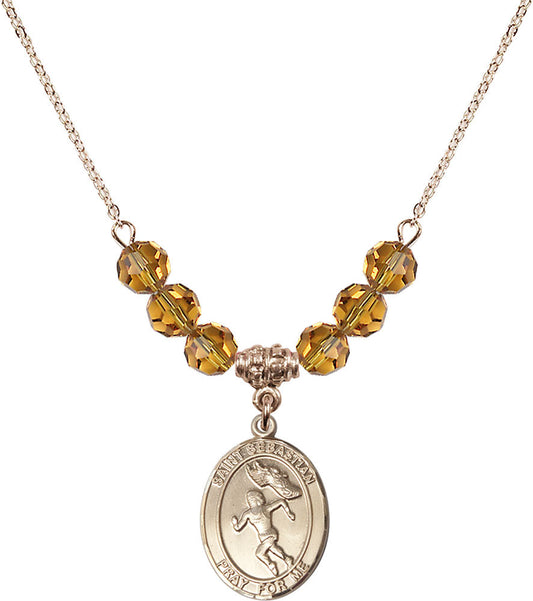14kt Gold Filled Saint Sebastian /Track&Field-Women Birthstone Necklace with Topaz Beads - 8610