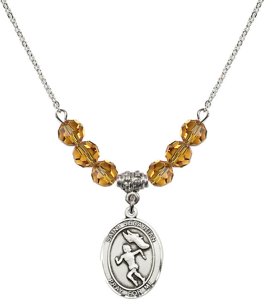 Sterling Silver Saint Sebastian /Track&Field-Women Birthstone Necklace with Topaz Beads - 8610
