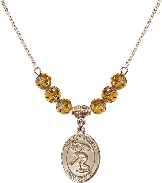 14kt Gold Filled Saint Sebastian/Swimming Birthstone Necklace with Topaz Beads - 8611