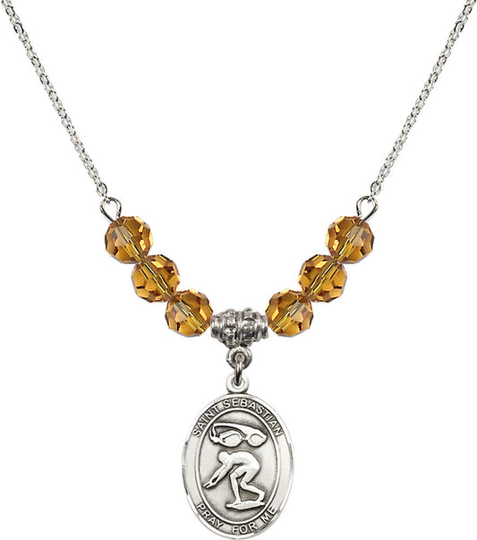 Sterling Silver Saint Sebastian/Swimming Birthstone Necklace with Topaz Beads - 8611