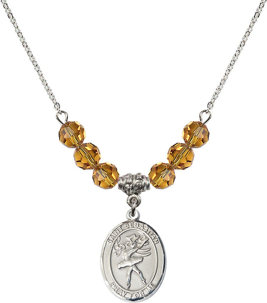 Sterling Silver Saint Sebastian / Dance Birthstone Necklace with Topaz Beads - 8612
