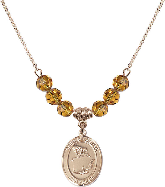 14kt Gold Filled Saint Sebastian/Gymnastics Birthstone Necklace with Topaz Beads - 8613