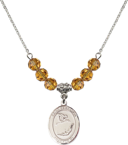Sterling Silver Saint Sebastian/Gymnastics Birthstone Necklace with Topaz Beads - 8613