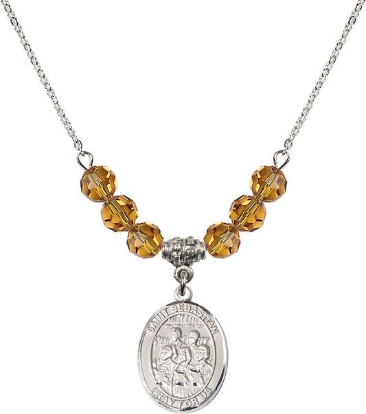 Sterling Silver Saint Sebastian / Choir Birthstone Necklace with Topaz Beads - 8614