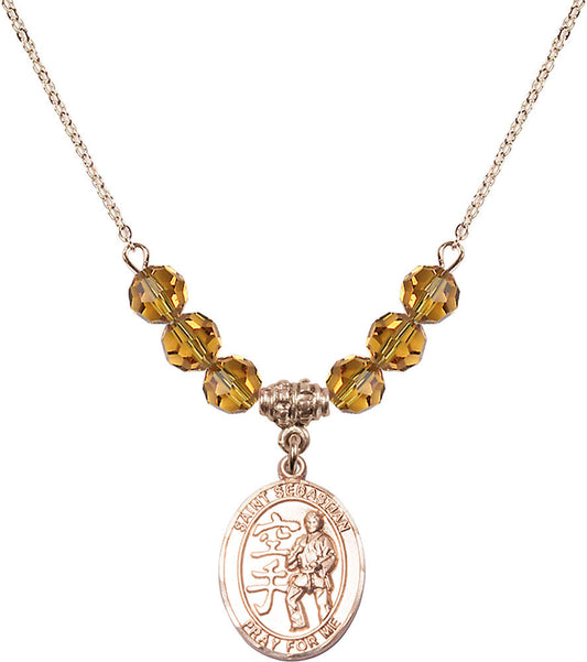14kt Gold Filled Saint Sebastian/Karate Birthstone Necklace with Topaz Beads - 8615