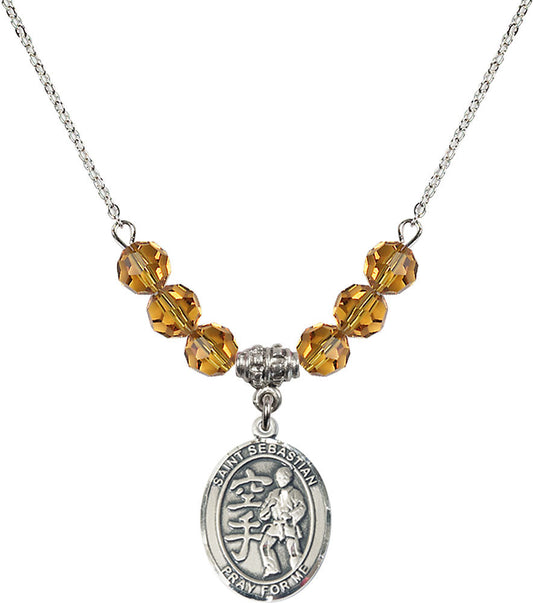 Sterling Silver Saint Sebastian/Karate Birthstone Necklace with Topaz Beads - 8615
