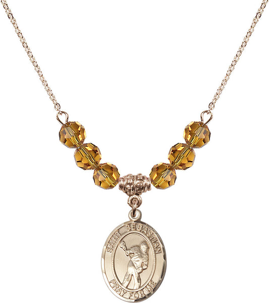 14kt Gold Filled Saint Sebastian/Lacrosse Birthstone Necklace with Topaz Beads - 8616