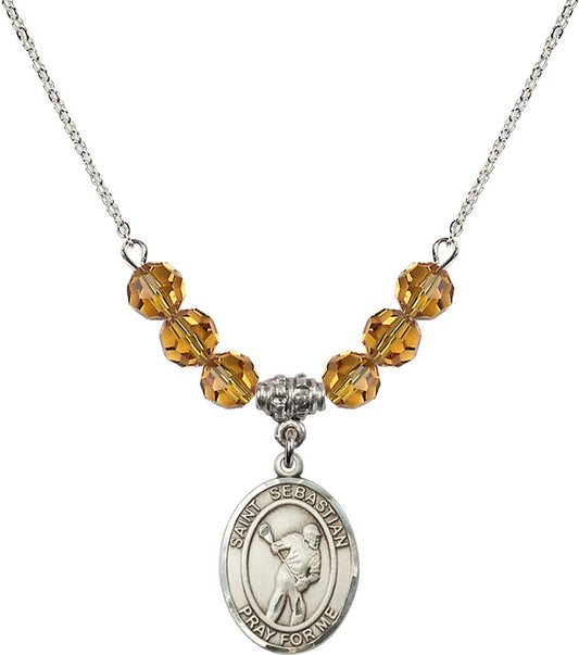 Sterling Silver Saint Sebastian/Lacrosse Birthstone Necklace with Topaz Beads - 8616
