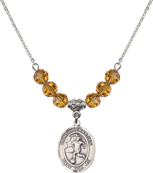 Sterling Silver Saint Sebastian/Soccer-Women Birthstone Necklace with Topaz Beads - 8617