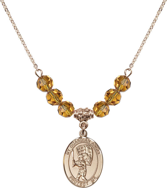 14kt Gold Filled Guardian Angel/Baseball Birthstone Necklace with Topaz Beads - 8700