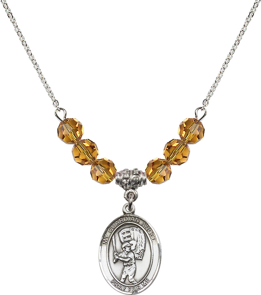 Sterling Silver Guardian Angel/Baseball Birthstone Necklace with Topaz Beads - 8700