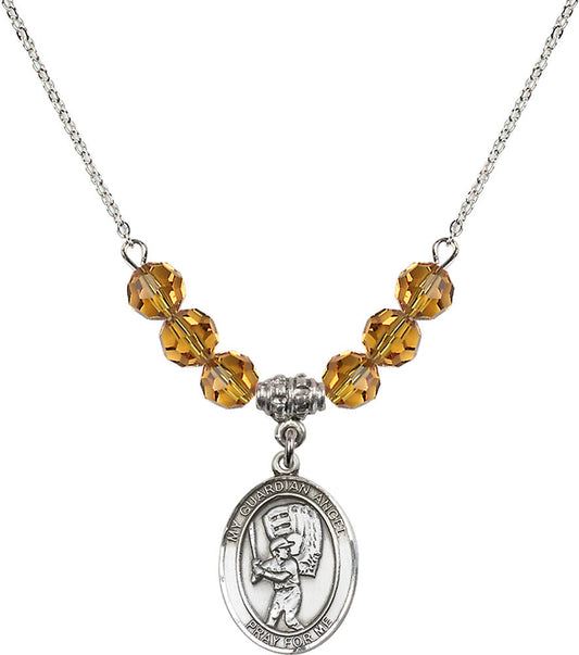 Sterling Silver Guardian Angel/Baseball Birthstone Necklace with Topaz Beads - 8700
