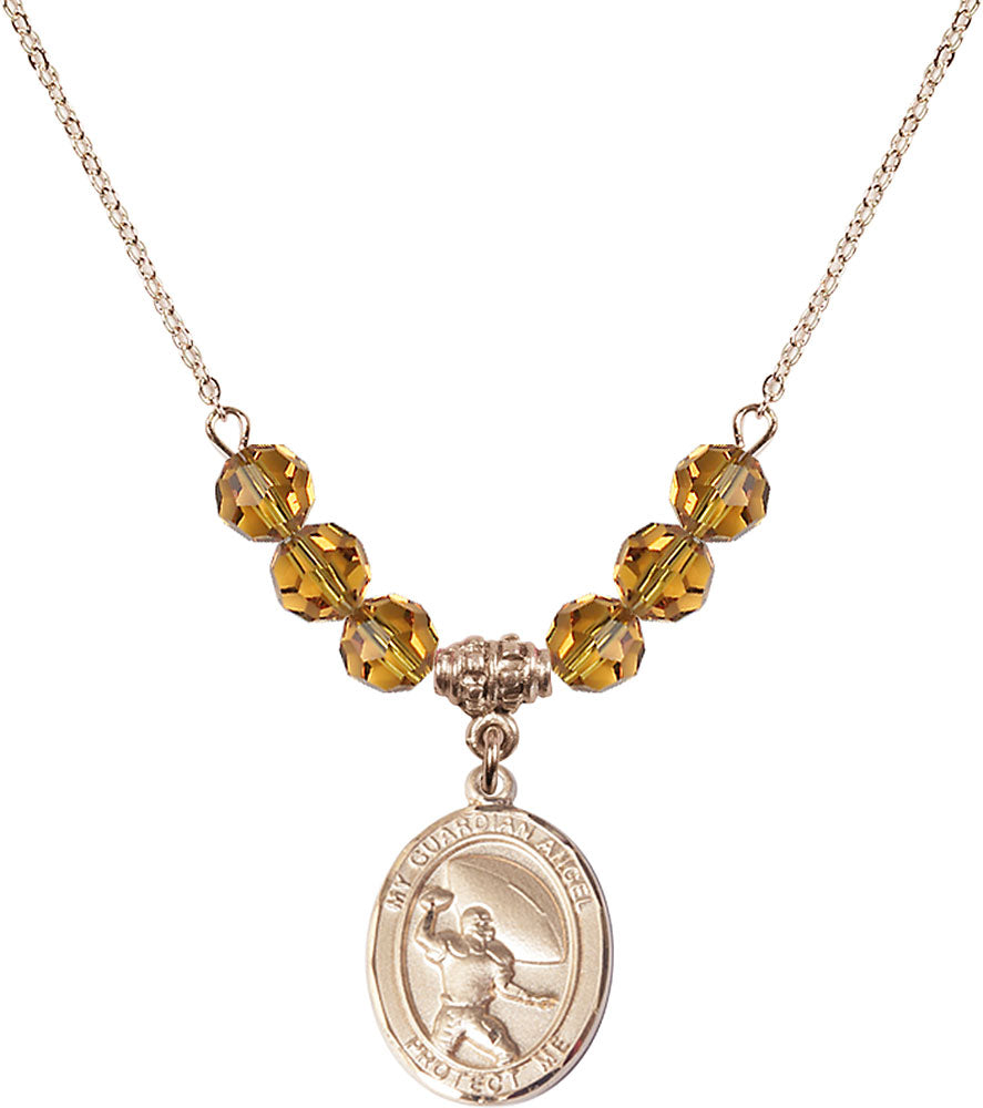 14kt Gold Filled Guardian Angel/Football Birthstone Necklace with Topaz Beads - 8701