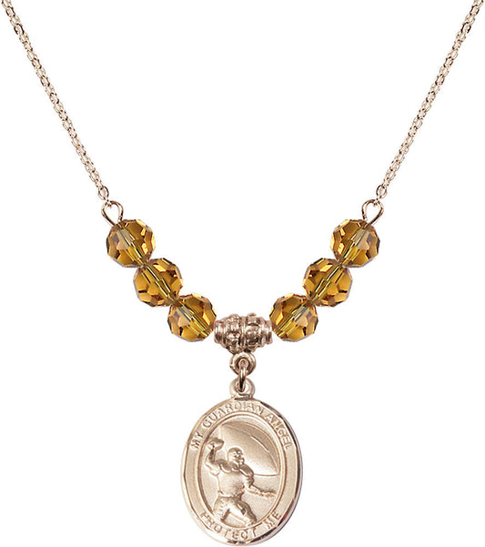 14kt Gold Filled Guardian Angel/Football Birthstone Necklace with Topaz Beads - 8701