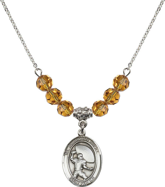 Sterling Silver Guardian Angel/Football Birthstone Necklace with Topaz Beads - 8701