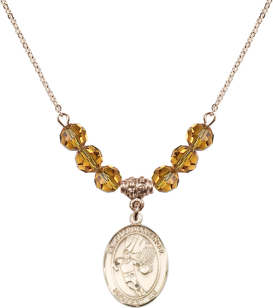 14kt Gold Filled Guardian Angel/Basketball Birthstone Necklace with Topaz Beads - 8702
