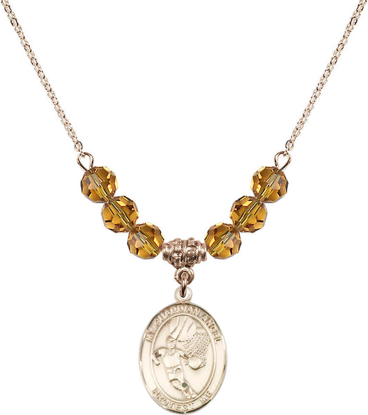 14kt Gold Filled Guardian Angel/Basketball Birthstone Necklace with Topaz Beads - 8702