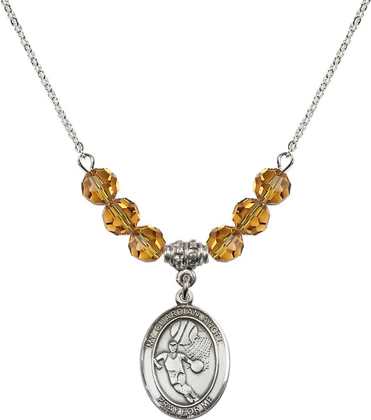 Sterling Silver Guardian Angel/Basketball Birthstone Necklace with Topaz Beads - 8702