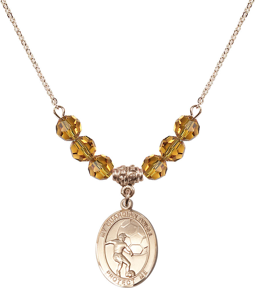 14kt Gold Filled Guardian Angel/Soccer Birthstone Necklace with Topaz Beads - 8703