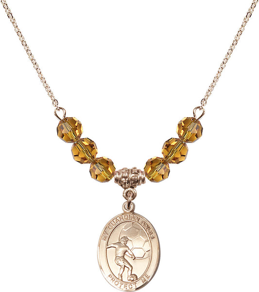 14kt Gold Filled Guardian Angel/Soccer Birthstone Necklace with Topaz Beads - 8703