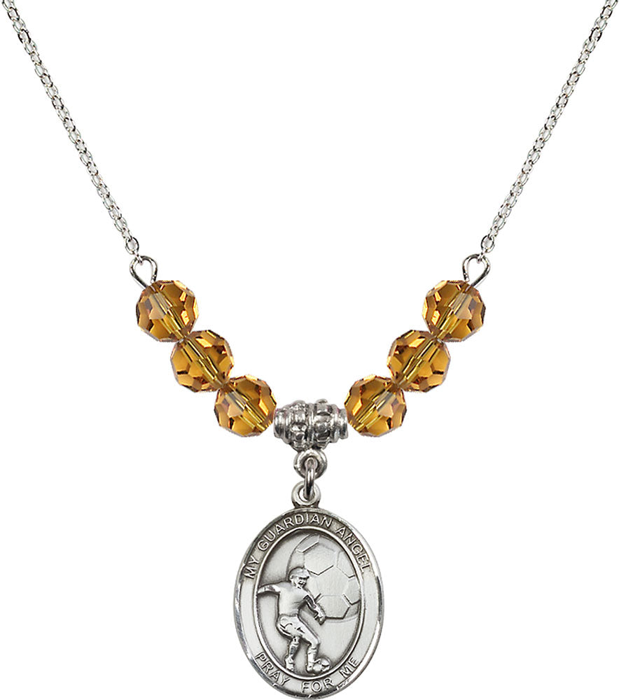 Sterling Silver Guardian Angel/Soccer Birthstone Necklace with Topaz Beads - 8703