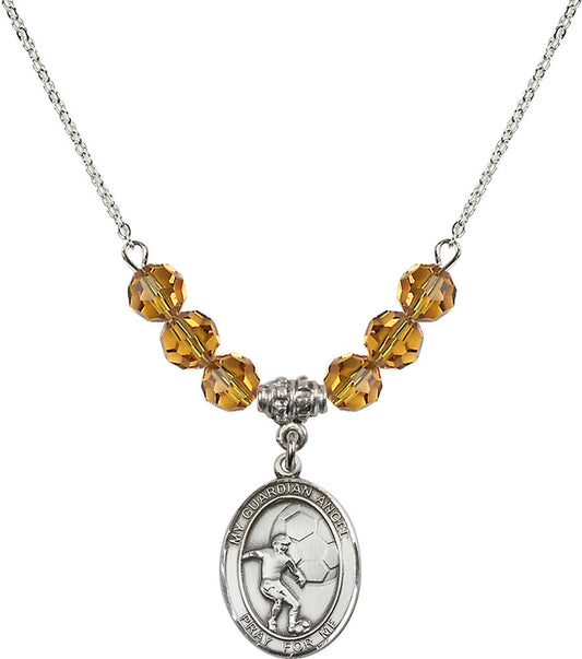 Sterling Silver Guardian Angel/Soccer Birthstone Necklace with Topaz Beads - 8703