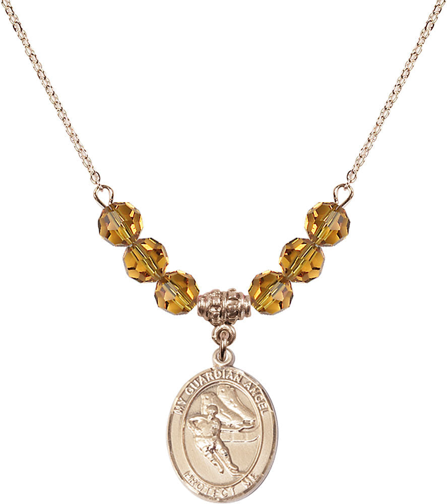 14kt Gold Filled Guardian Angel/Hockey Birthstone Necklace with Topaz Beads - 8704