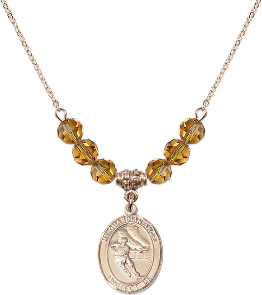 14kt Gold Filled Guardian Angel/Hockey Birthstone Necklace with Topaz Beads - 8704