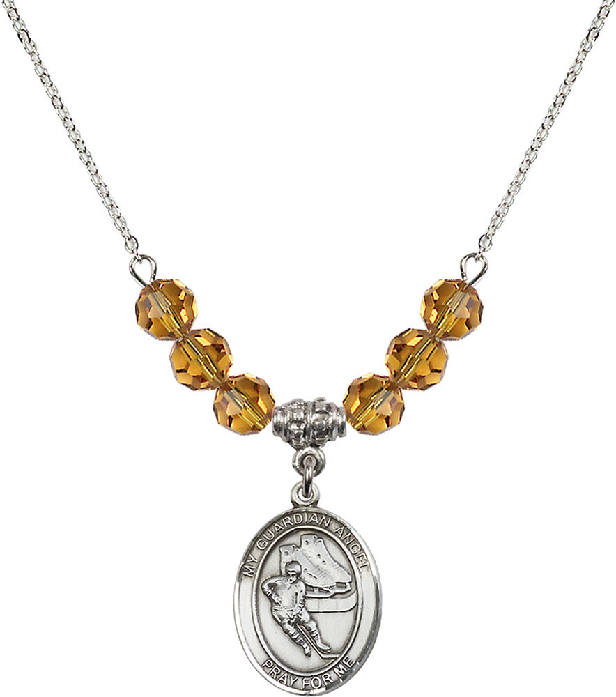 Sterling Silver Guardian Angel/Hockey Birthstone Necklace with Topaz Beads - 8704
