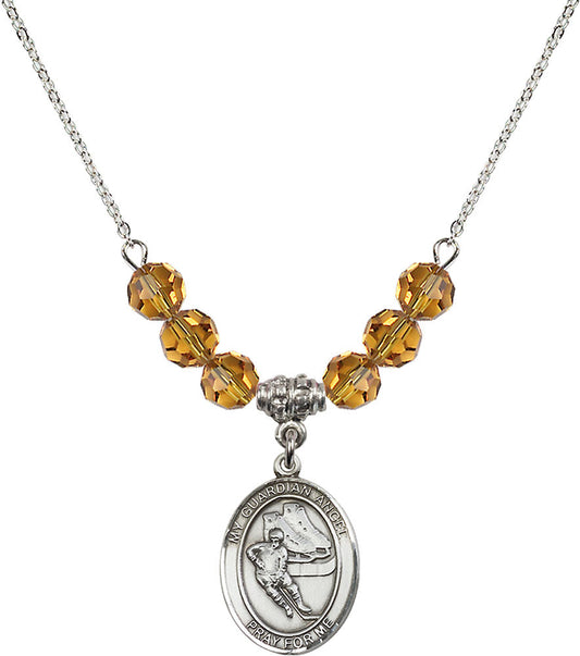 Sterling Silver Guardian Angel/Hockey Birthstone Necklace with Topaz Beads - 8704