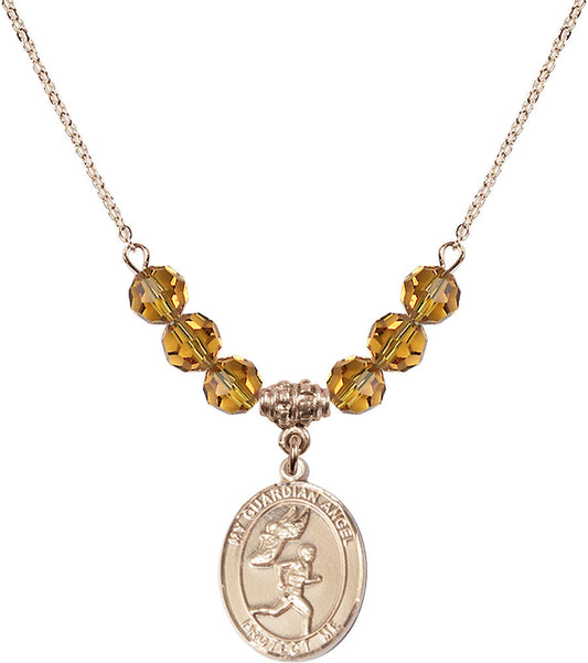 14kt Gold Filled Guardian Angel/Track&Field-Men Birthstone Necklace with Topaz Beads - 8709