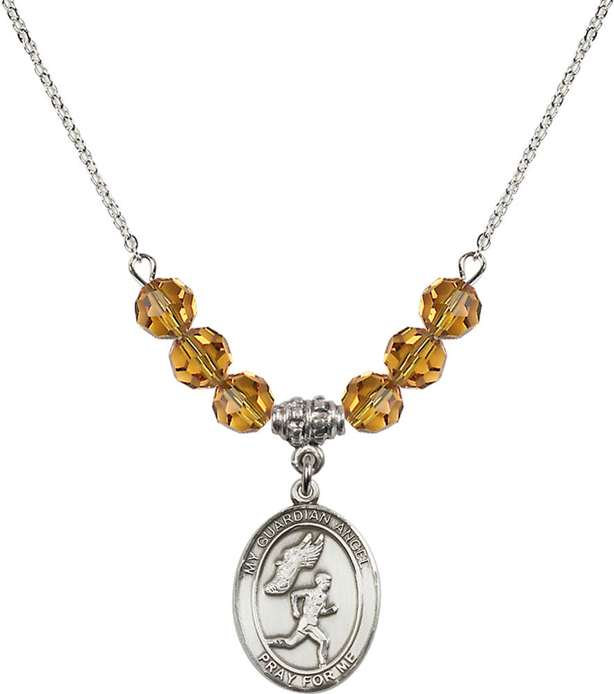 Sterling Silver Guardian Angel/Track&Field-Men Birthstone Necklace with Topaz Beads - 8709