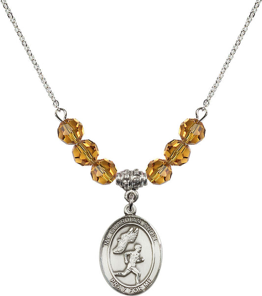 Sterling Silver Guardian Angel/Track&Field-Men Birthstone Necklace with Topaz Beads - 8709