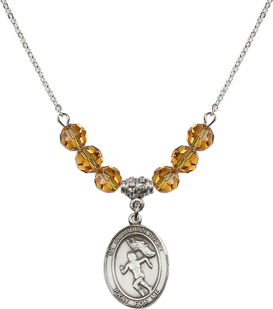 Sterling Silver Guardian Angel/Track&Field-Women Birthstone Necklace with Topaz Beads - 8710